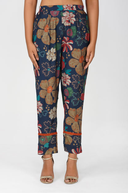 Sia Navy Floral Illustration Co-ord Set – Flared Kurta & Printed Palazzo Pants