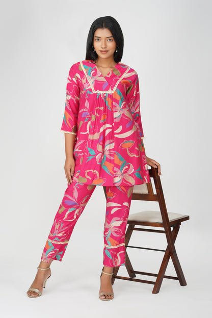 Pink Abstract Printed Co-ord Set – Sia Flared Kurta with Palazzo Pants