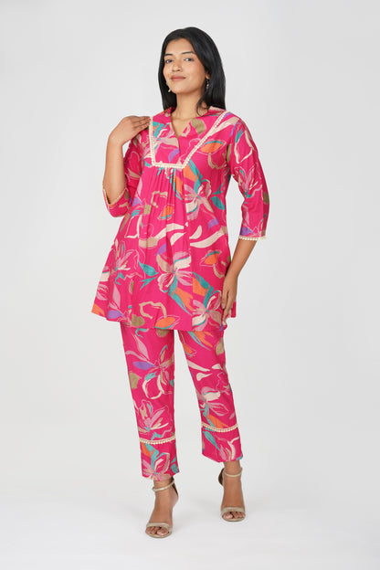 Pink Abstract Printed Co-ord Set – Sia Flared Kurta with Palazzo Pants