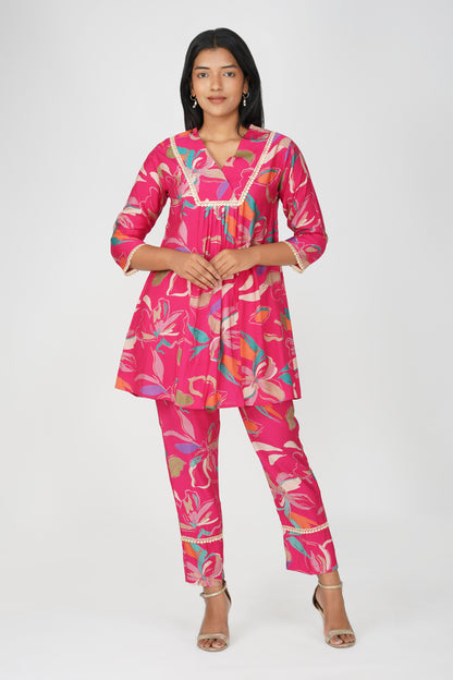 Pink Abstract Printed Co-ord Set – Sia Flared Kurta with Palazzo Pants