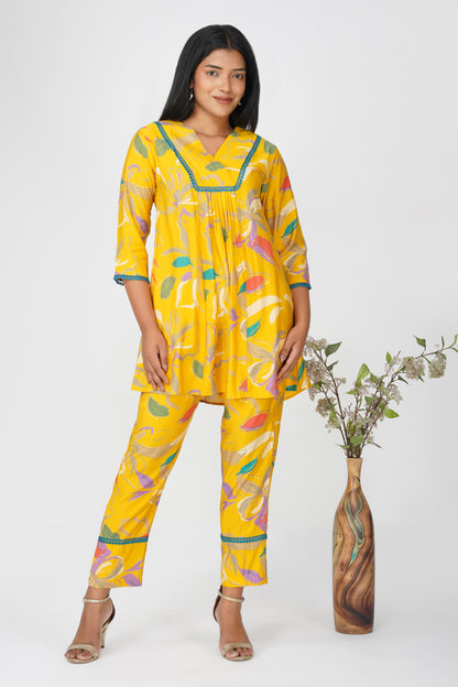 Yellow Floral Printed Co-ord Set – Flared Kurta & Printed Modal Pants