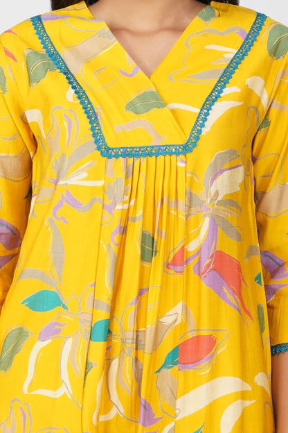 Yellow Floral Printed Co-ord Set – Flared Kurta & Printed Modal Pants