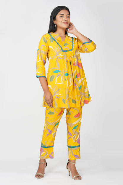 Yellow Floral Printed Co-ord Set – Flared Kurta & Printed Modal Pants