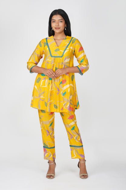 Yellow Floral Printed Co-ord Set – Flared Kurta & Printed Modal Pants
