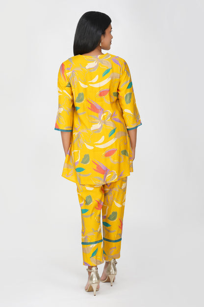 Yellow Floral Printed Co-ord Set – Flared Kurta & Printed Modal Pants