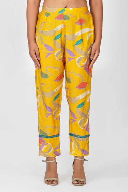 Yellow Floral Printed Co-ord Set – Flared Kurta & Printed Modal Pants