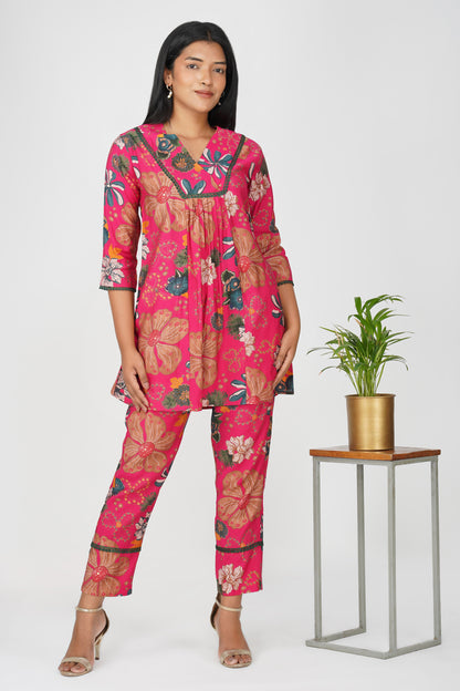 Rani Floral Printed Co-ord Set – Flared Kurta with Lace & Printed Pants