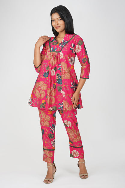 Rani Floral Printed Co-ord Set – Flared Kurta with Lace & Printed Pants