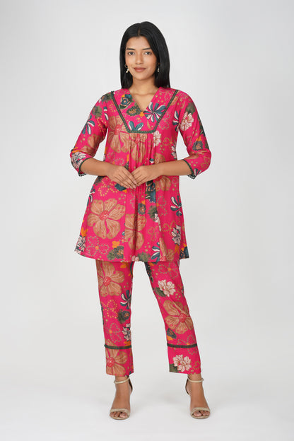 Rani Floral Printed Co-ord Set – Flared Kurta with Lace & Printed Pants