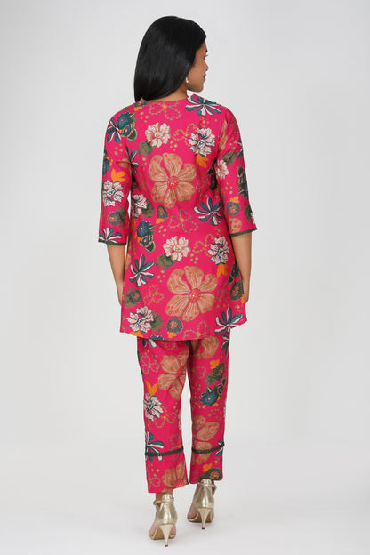 Rani Floral Printed Co-ord Set – Flared Kurta with Lace & Printed Pants