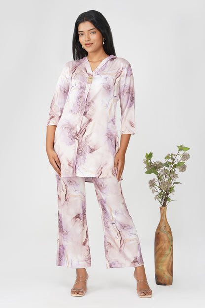 Marbling Co-ord Set – Lavender Marbling Print with Handwork Latkan