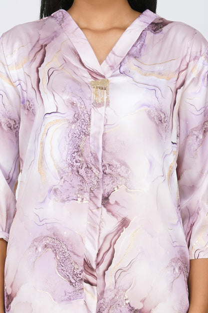 Marbling Co-ord Set – Lavender Marbling Print with Handwork Latkan