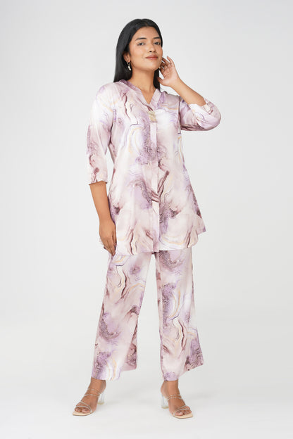 Marbling Co-ord Set – Lavender Marbling Print with Handwork Latkan