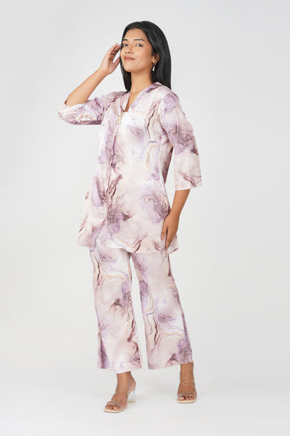 Marbling Co-ord Set – Lavender Marbling Print with Handwork Latkan