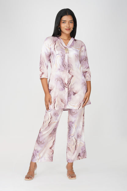 Marbling Co-ord Set – Lavender Marbling Print with Handwork Latkan
