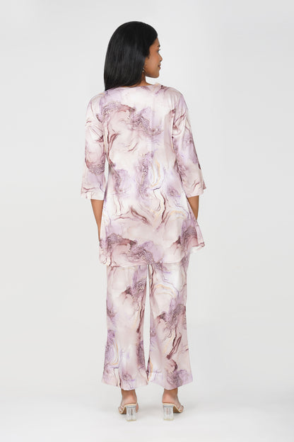 Marbling Co-ord Set – Lavender Marbling Print with Handwork Latkan
