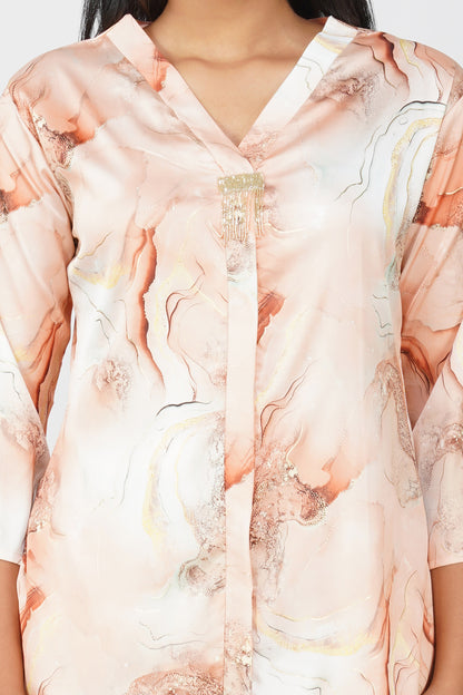 Marbling Co-ord Set – Peach Marbling Print with Gold Highlights & Latkan Detail