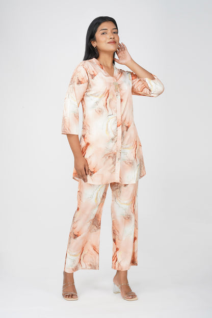 Marbling Co-ord Set – Peach Marbling Print with Gold Highlights & Latkan Detail