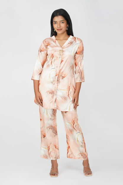 Marbling Co-ord Set – Peach Marbling Print with Gold Highlights & Latkan Detail