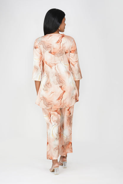 Marbling Co-ord Set – Peach Marbling Print with Gold Highlights & Latkan Detail