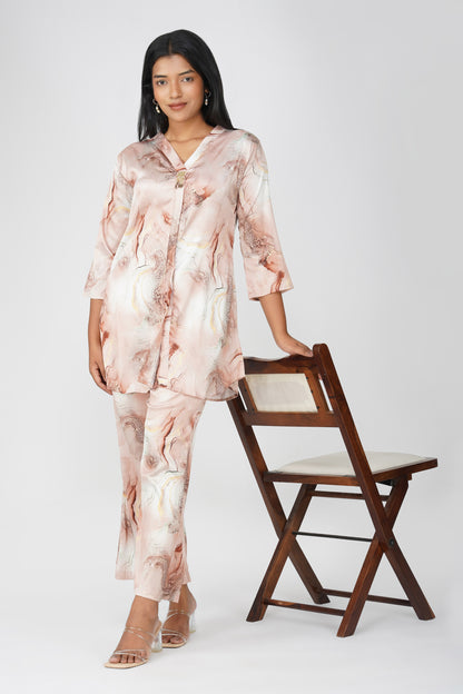 Marbling Co-ord Set – Copper Brown Marbling Print with Gold Highlights & Latkan Detail