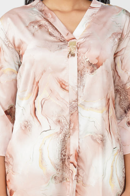 Marbling Co-ord Set – Copper Brown Marbling Print with Gold Highlights & Latkan Detail