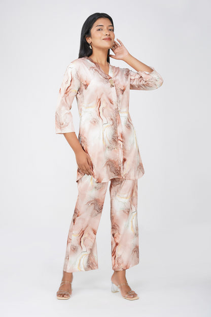 Marbling Co-ord Set – Copper Brown Marbling Print with Gold Highlights & Latkan Detail
