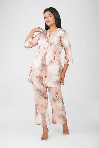 Marbling Co-ord Set – Copper Brown Marbling Print with Gold Highlights & Latkan Detail