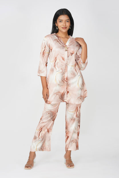 Marbling Co-ord Set – Copper Brown Marbling Print with Gold Highlights & Latkan Detail