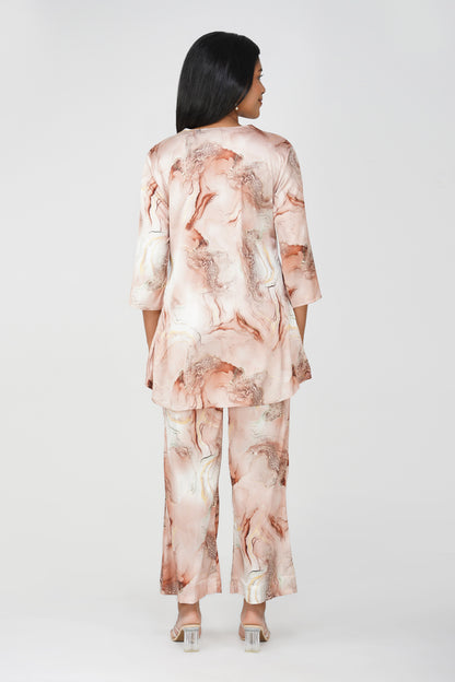 Marbling Co-ord Set – Copper Brown Marbling Print with Gold Highlights & Latkan Detail