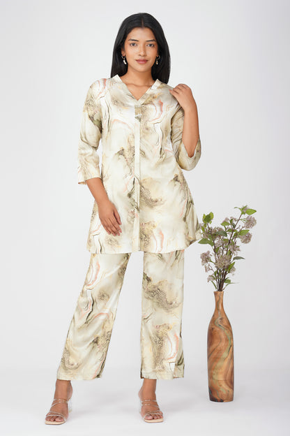 Marbling Co-ord Set – Green Marbling Print with Gold Highlights &amp; Latkan Detail