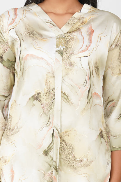 Marbling Co-ord Set – Green Marbling Print with Gold Highlights &amp; Latkan Detail