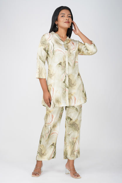 Marbling Co-ord Set – Green Marbling Print with Gold Highlights &amp; Latkan Detail