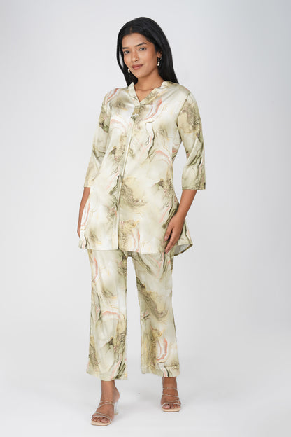 Marbling Co-ord Set – Green Marbling Print with Gold Highlights &amp; Latkan Detail