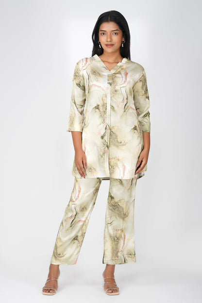 Marbling Co-ord Set – Green Marbling Print with Gold Highlights &amp; Latkan Detail