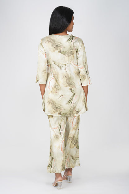 Marbling Co-ord Set – Green Marbling Print with Gold Highlights &amp; Latkan Detail