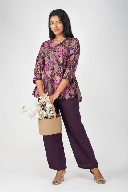 Kali Co-ord Set – Eggplant Print Tunic with Zari Lace & Flared Silk Pants