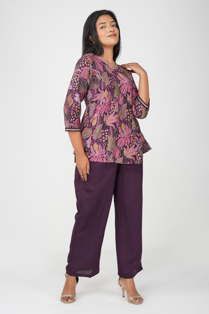 Kali Co-ord Set – Eggplant Print Tunic with Zari Lace & Flared Silk Pants