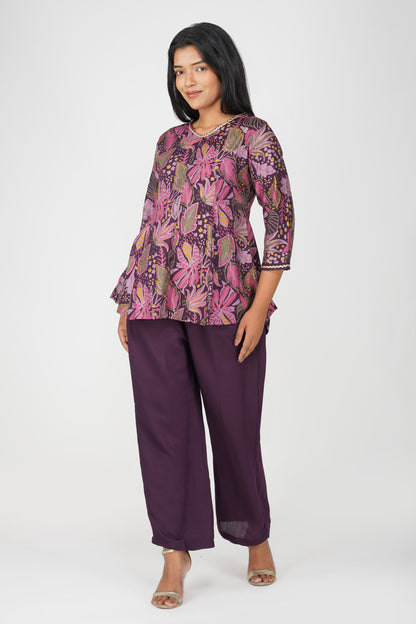 Kali Co-ord Set – Eggplant Print Tunic with Zari Lace & Flared Silk Pants