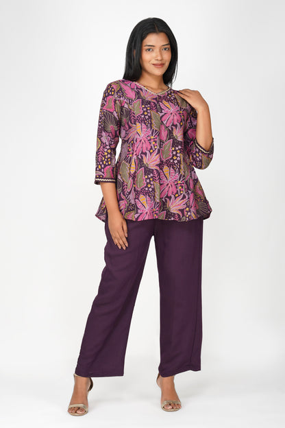 Kali Co-ord Set – Eggplant Print Tunic with Zari Lace & Flared Silk Pants
