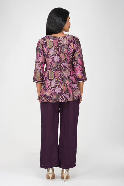 Kali Co-ord Set – Eggplant Print Tunic with Zari Lace & Flared Silk Pants