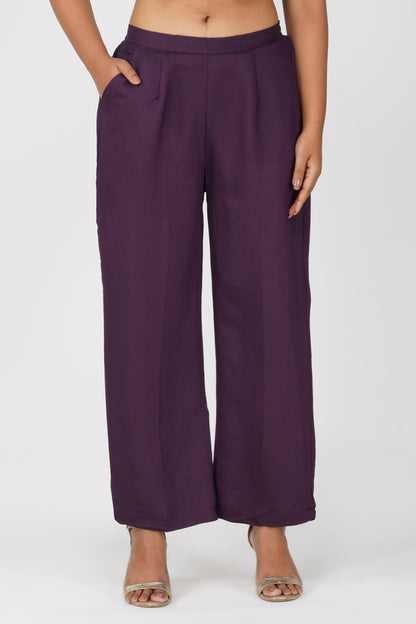 Kali Co-ord Set – Eggplant Print Tunic with Zari Lace & Flared Silk Pants