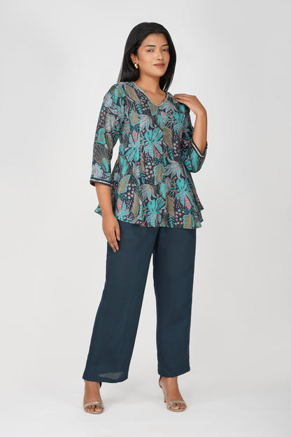 Kali Co-ord Set – Midnight Blue Tunic with Zari Lace & Flared Silk Pants
