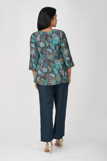 Kali Co-ord Set – Midnight Blue Tunic with Zari Lace & Flared Silk Pants