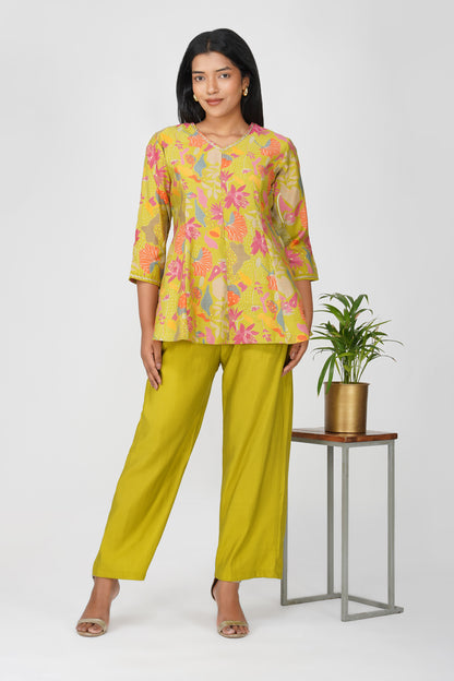 Kali Co-ord Set – Lime Green Print Tunic with Zari Lace & Flared Silk Pants