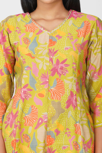 Kali Co-ord Set – Lime Green Print Tunic with Zari Lace & Flared Silk Pants