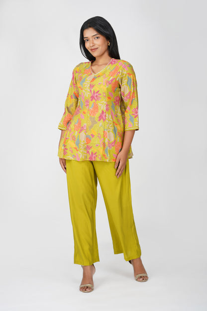 Kali Co-ord Set – Lime Green Print Tunic with Zari Lace & Flared Silk Pants