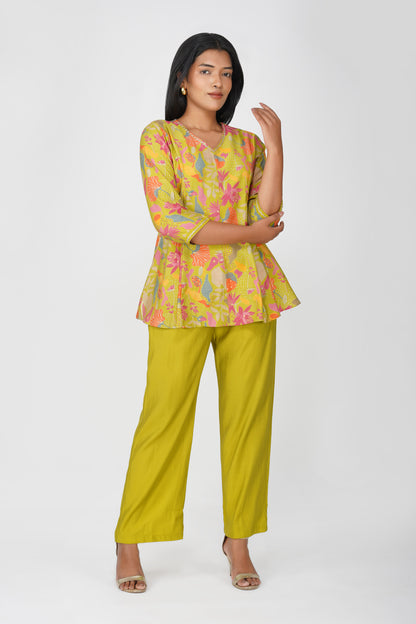 Kali Co-ord Set – Lime Green Print Tunic with Zari Lace & Flared Silk Pants