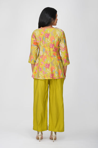 Kali Co-ord Set – Lime Green Print Tunic with Zari Lace & Flared Silk Pants