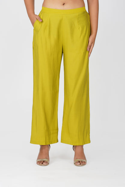 Kali Co-ord Set – Lime Green Print Tunic with Zari Lace & Flared Silk Pants